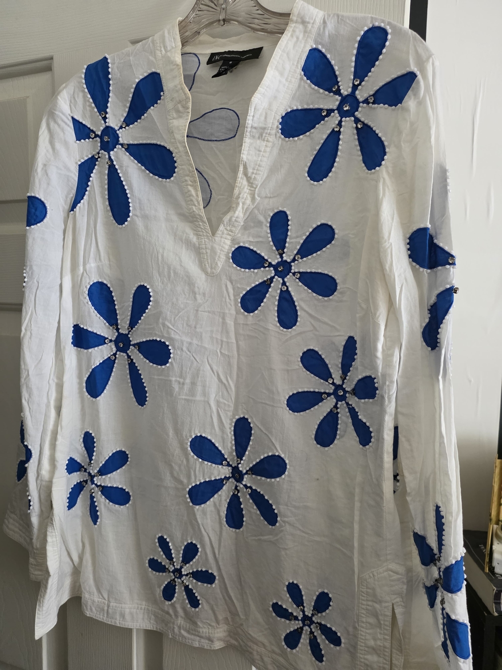 INC International Concepts White Tunic with Royal Blue Floral Appliqué